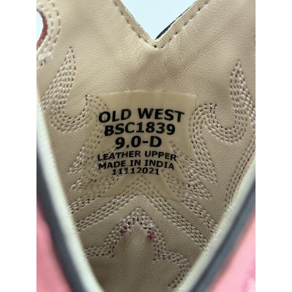 Old West Girls Pink & Brown Leather Cowboy Boots Kids 9D Square Toe - Picture 7 of 7